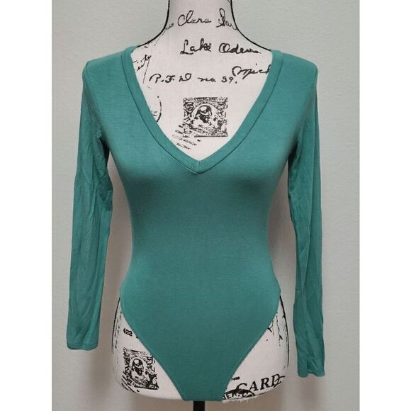 💚 JLUXLABEL Long Sleeve Deep V-Neck Green Snap Button Thong Bodysuit SIZE S - Picture 9 of 12